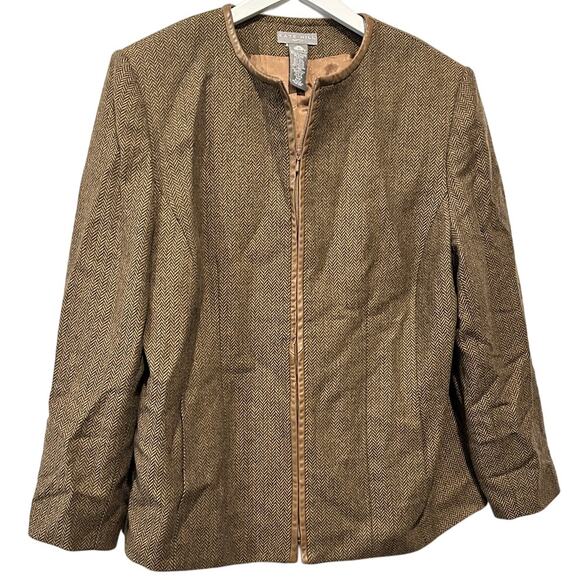Kate Hill Size 16 W Brown Wool Leather Blend Herringbone Jacket Office Work - Picture 1 of 8